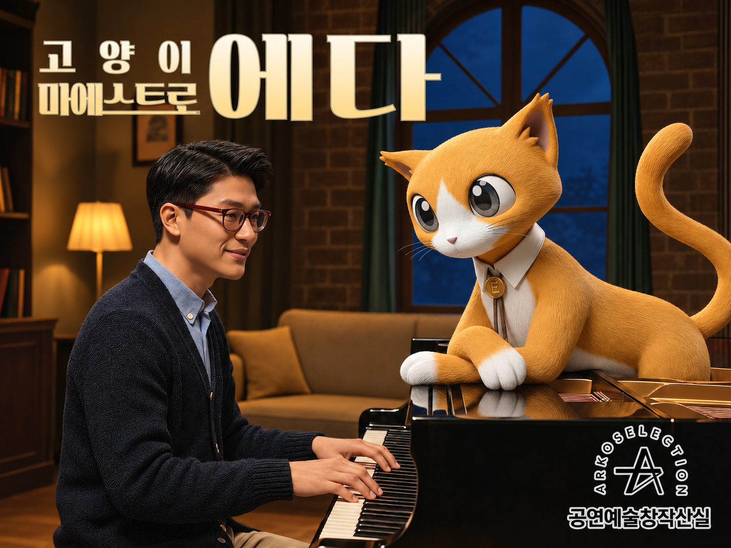 피아노를 연주하는 요한과 피아노 위에서 그를 바라보는 고양이 캐릭터 에다. 이미지 상단에 작품 타이틀 '고양이 마에스트로 에다', 오른쪽 아래에 공연예술창작산실 표기가 포함됨.